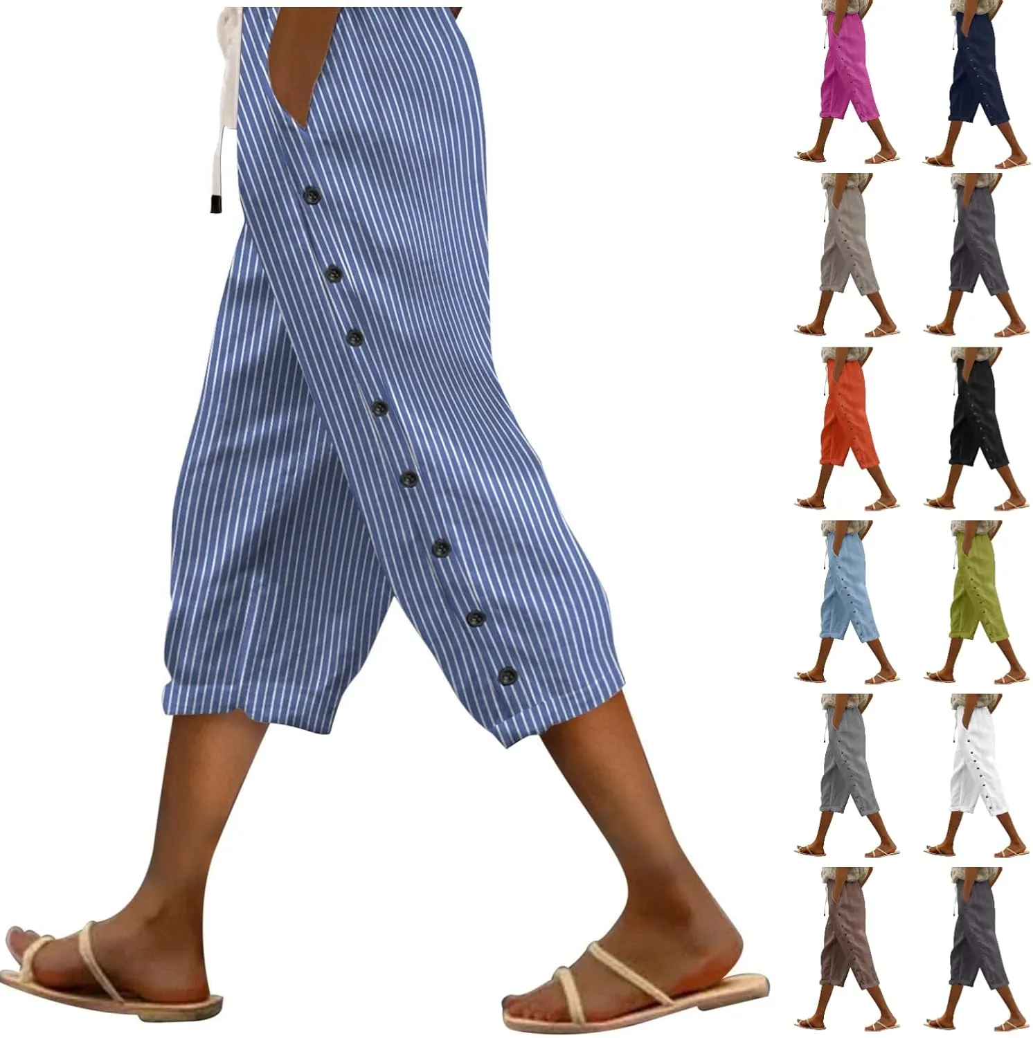 Striped Linen Capri Pants for Women 2025 Spring Summer Lightweight High Waist Drawstring Pants Comfy Cropped Trousers