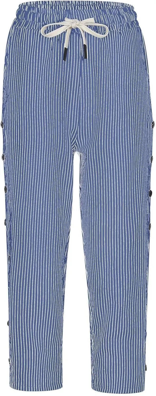 Striped Linen Capri Pants for Women 2025 Spring Summer Lightweight High Waist Drawstring Pants Comfy Cropped Trousers