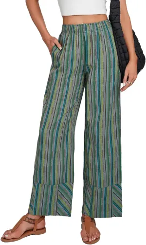 Striped Palazzo Pants for Women Summer Casual Elastic High Waisted Wide Leg Beach Pants Travel Vacation Outfits