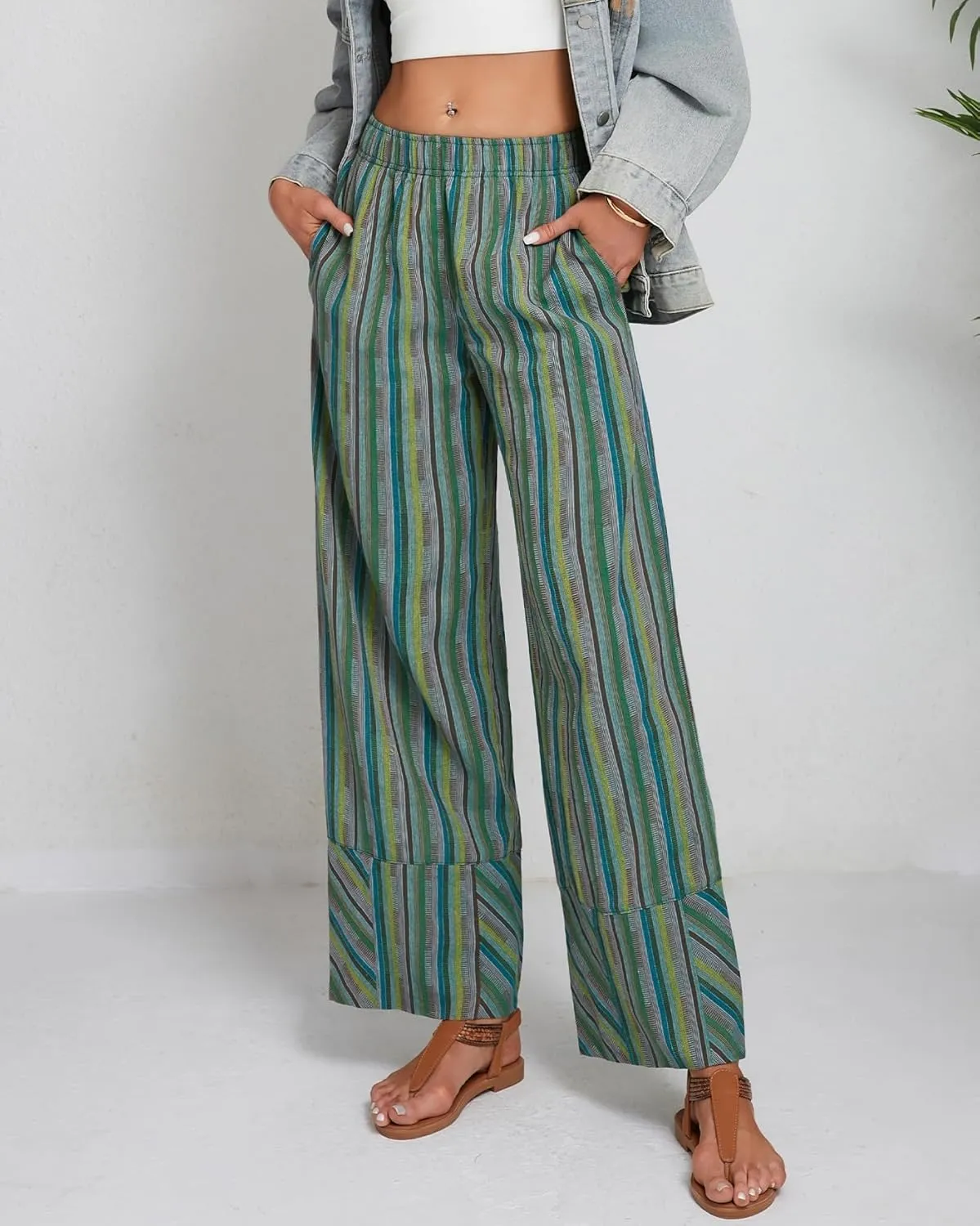 Striped Palazzo Pants for Women Summer Casual Elastic High Waisted Wide Leg Beach Pants Travel Vacation Outfits