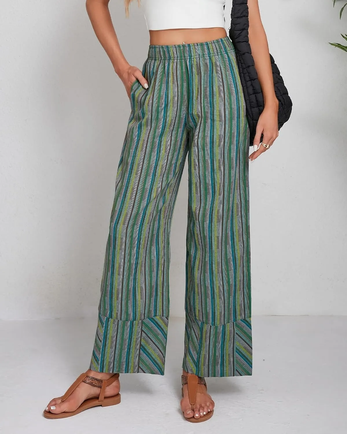 Striped Palazzo Pants for Women Summer Casual Elastic High Waisted Wide Leg Beach Pants Travel Vacation Outfits