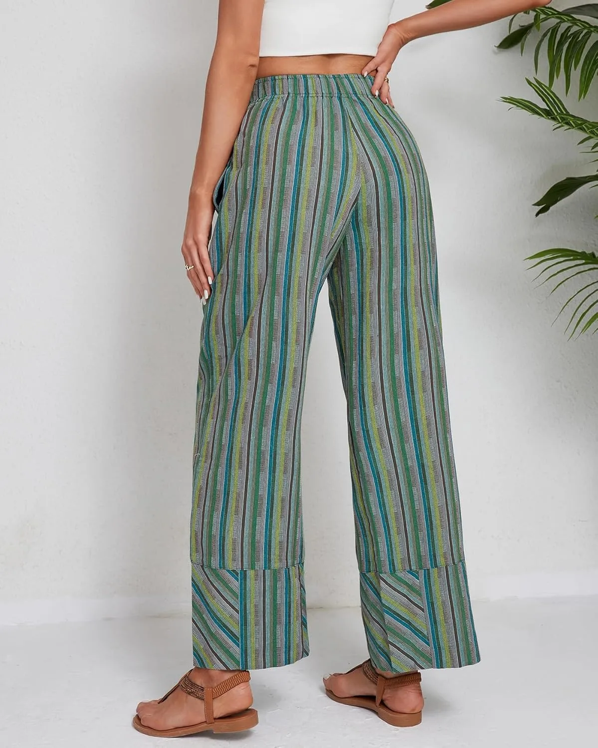 Striped Palazzo Pants for Women Summer Casual Elastic High Waisted Wide Leg Beach Pants Travel Vacation Outfits