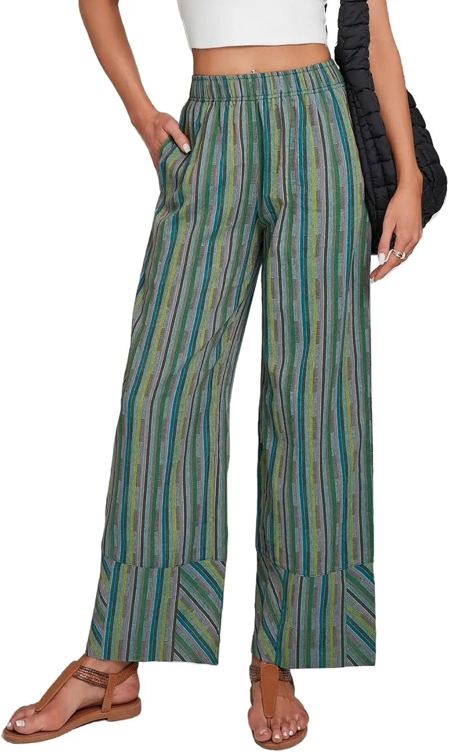 Striped Palazzo Pants for Women Summer Casual Elastic High Waisted Wide Leg Beach Pants Travel Vacation Outfits