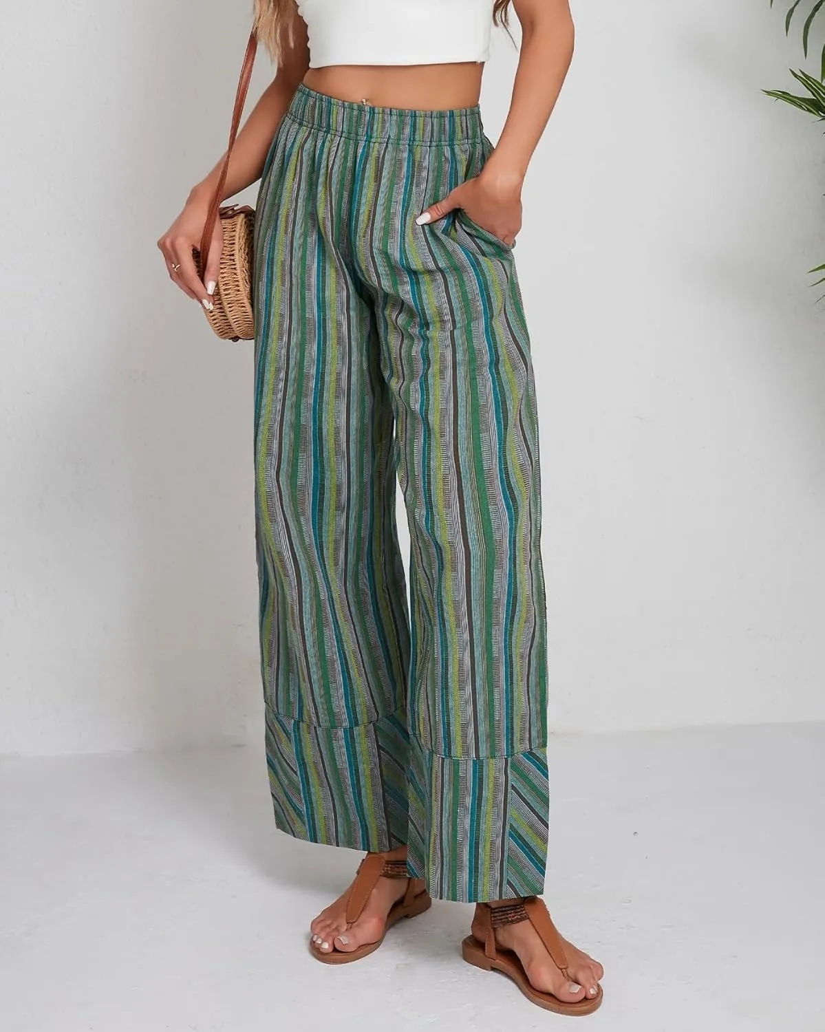 Striped Palazzo Pants for Women Summer Casual Elastic High Waisted Wide Leg Beach Pants Travel Vacation Outfits