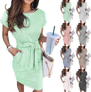 Striped Summer Dresses for Women 2025 Vacation Short Sleeve T Shirt Dress Casual Beach Tie Waist Mini Dress w/Pockets