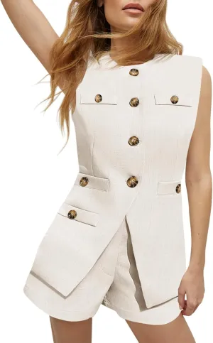 Tankaneo Womens 2 Piece Outfits Casual Suit Sets Sleeveless Button Down Blazer Vest Shorts Office Business Matching Set