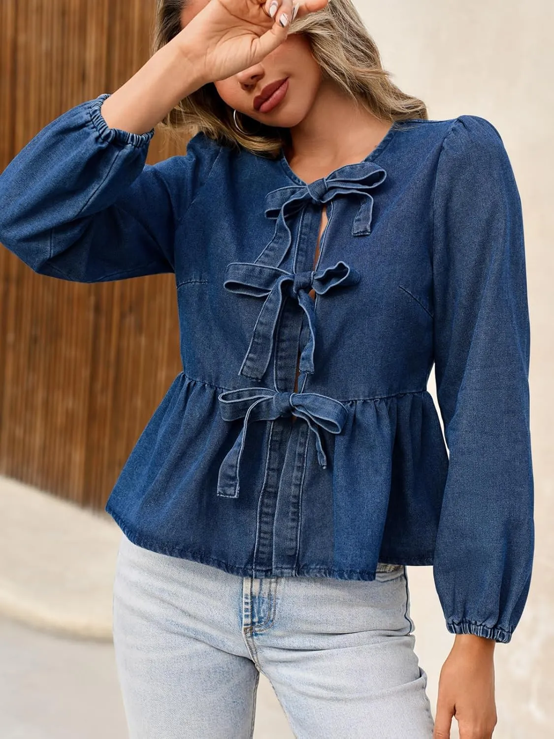 Tankaneo Womens Denim Tie Front Tops Babydoll Peplum Cute Blouse Puff Long Sleeve Going Out Jean Shirts