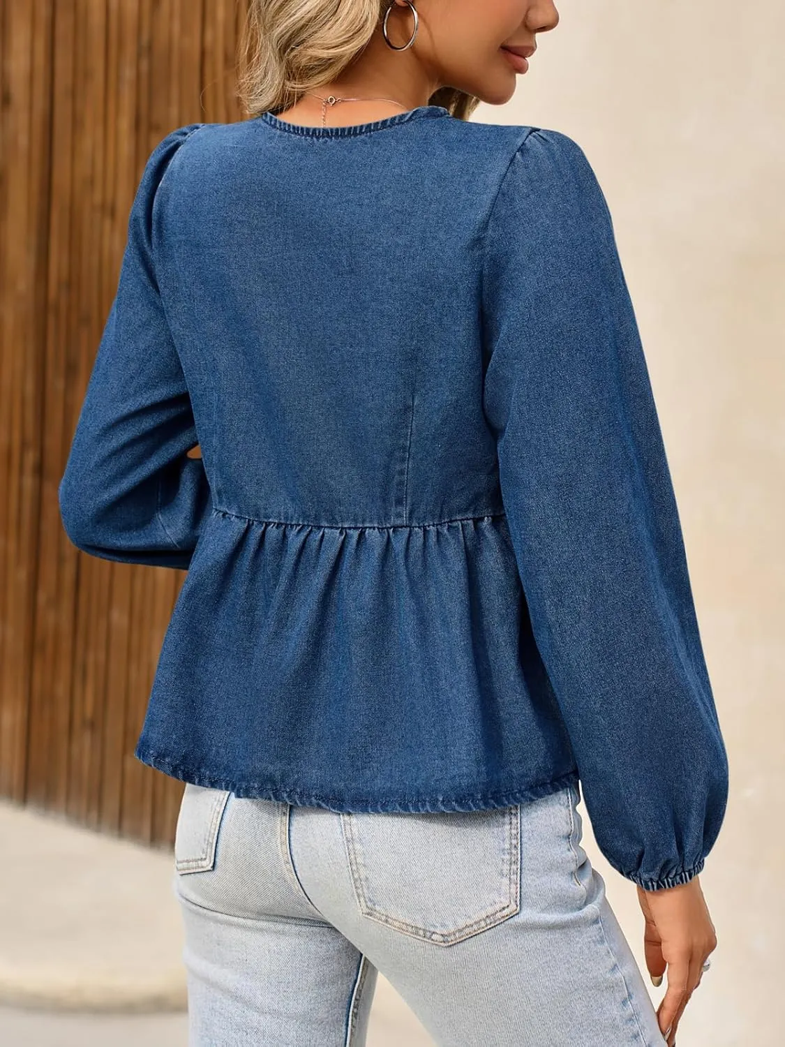 Tankaneo Womens Denim Tie Front Tops Babydoll Peplum Cute Blouse Puff Long Sleeve Going Out Jean Shirts