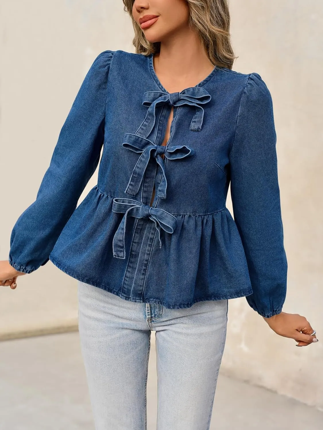Tankaneo Womens Denim Tie Front Tops Babydoll Peplum Cute Blouse Puff Long Sleeve Going Out Jean Shirts
