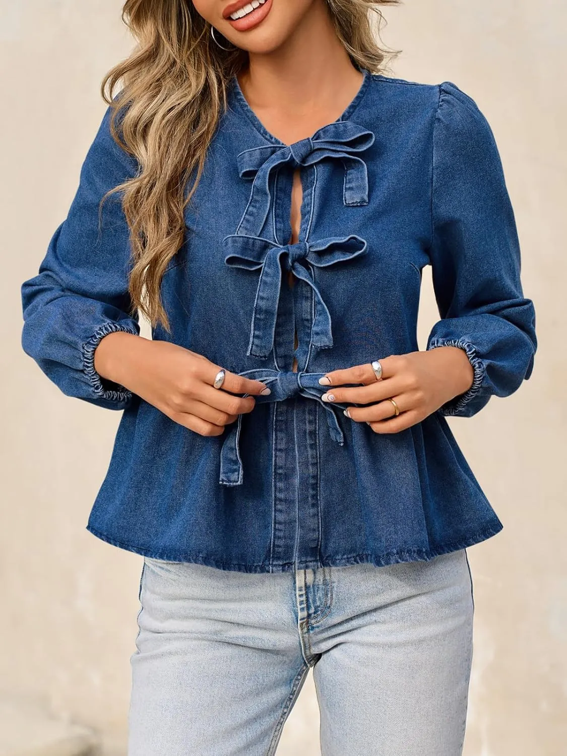 Tankaneo Womens Denim Tie Front Tops Babydoll Peplum Cute Blouse Puff Long Sleeve Going Out Jean Shirts