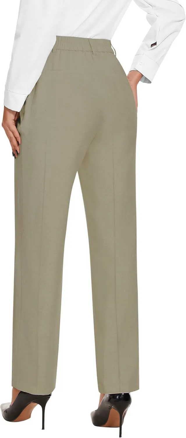 Tapata Women's 28"/30"/32"/34" Straight Linen Dress Pants with Pockets Tall, Petite, Regular for Office Work Business