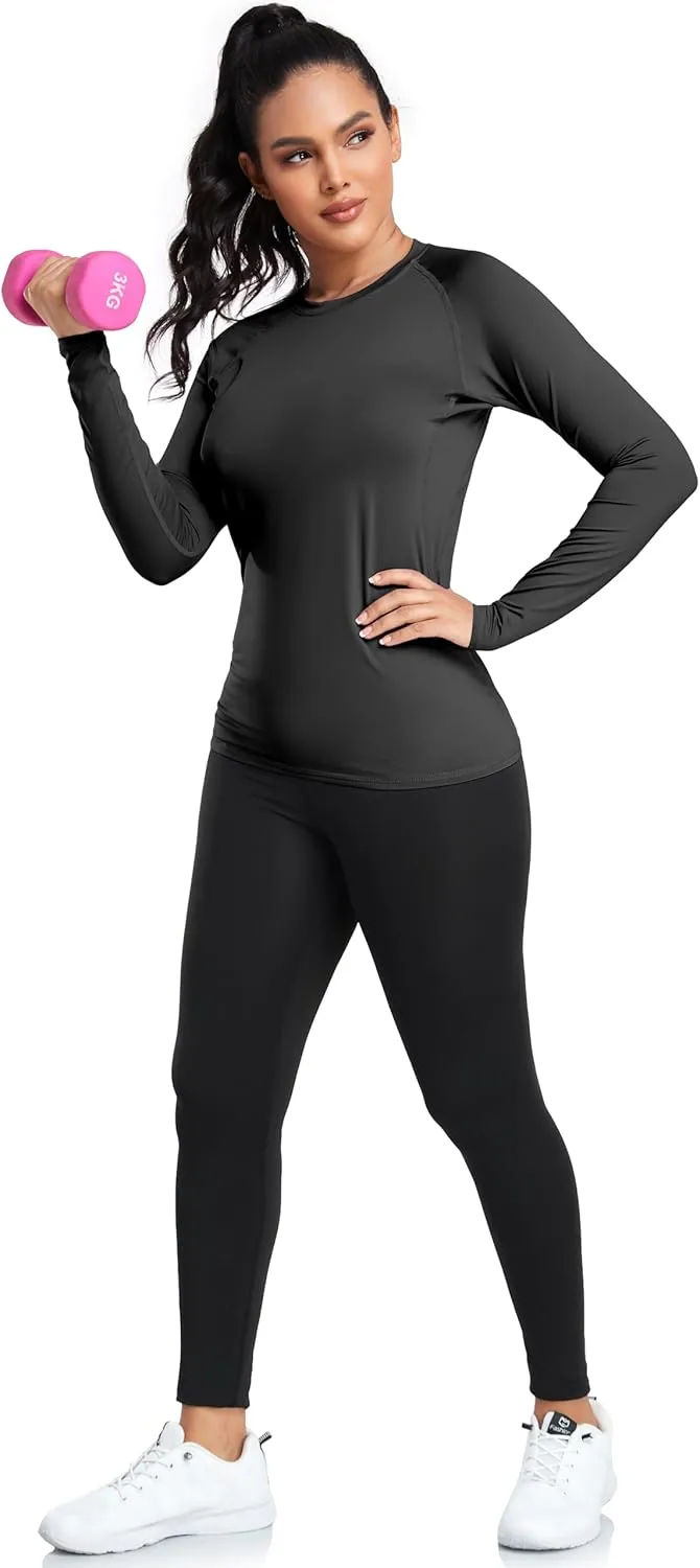 TELALEO 4 Pack Women's Compression Shirt Long/Short Sleeve Performance Workout Baselayer Athletic Top Gym Sports Gear