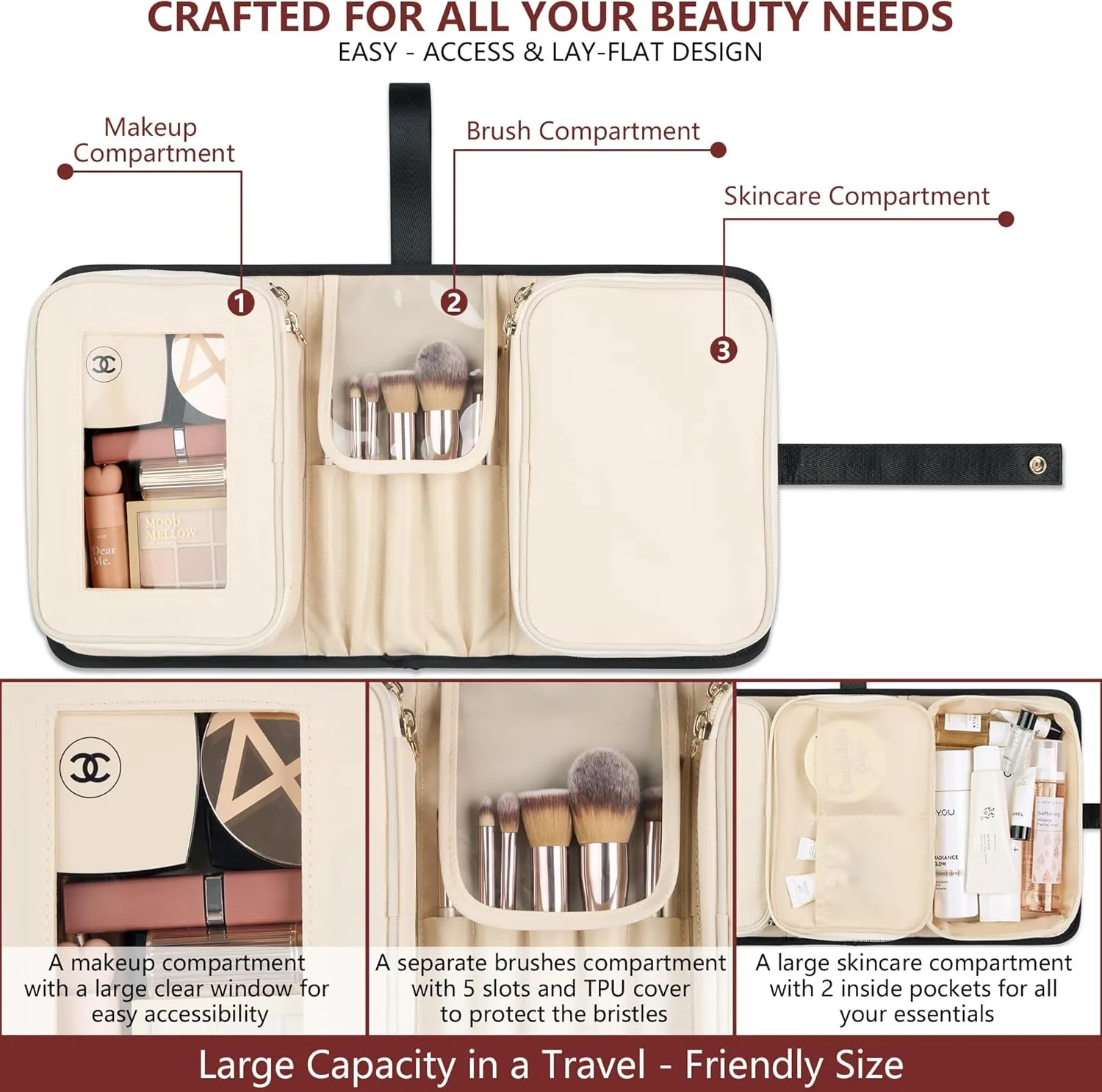 Travel Makeup Bag for Women for Cosmetics, Brushes, and Toiletries, Portable Makeup Organizer, Large Capacity Storage Cosmetic Bag for Business, Vacation, or Weekend Traveling (Black & Ivory)