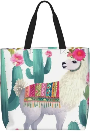 Tropical Llama Alpaca Cactus Flower Tote Bag for Women Hobo Handbags with Zipper Large Shoulder Bag Shopping Bags Travel Purse