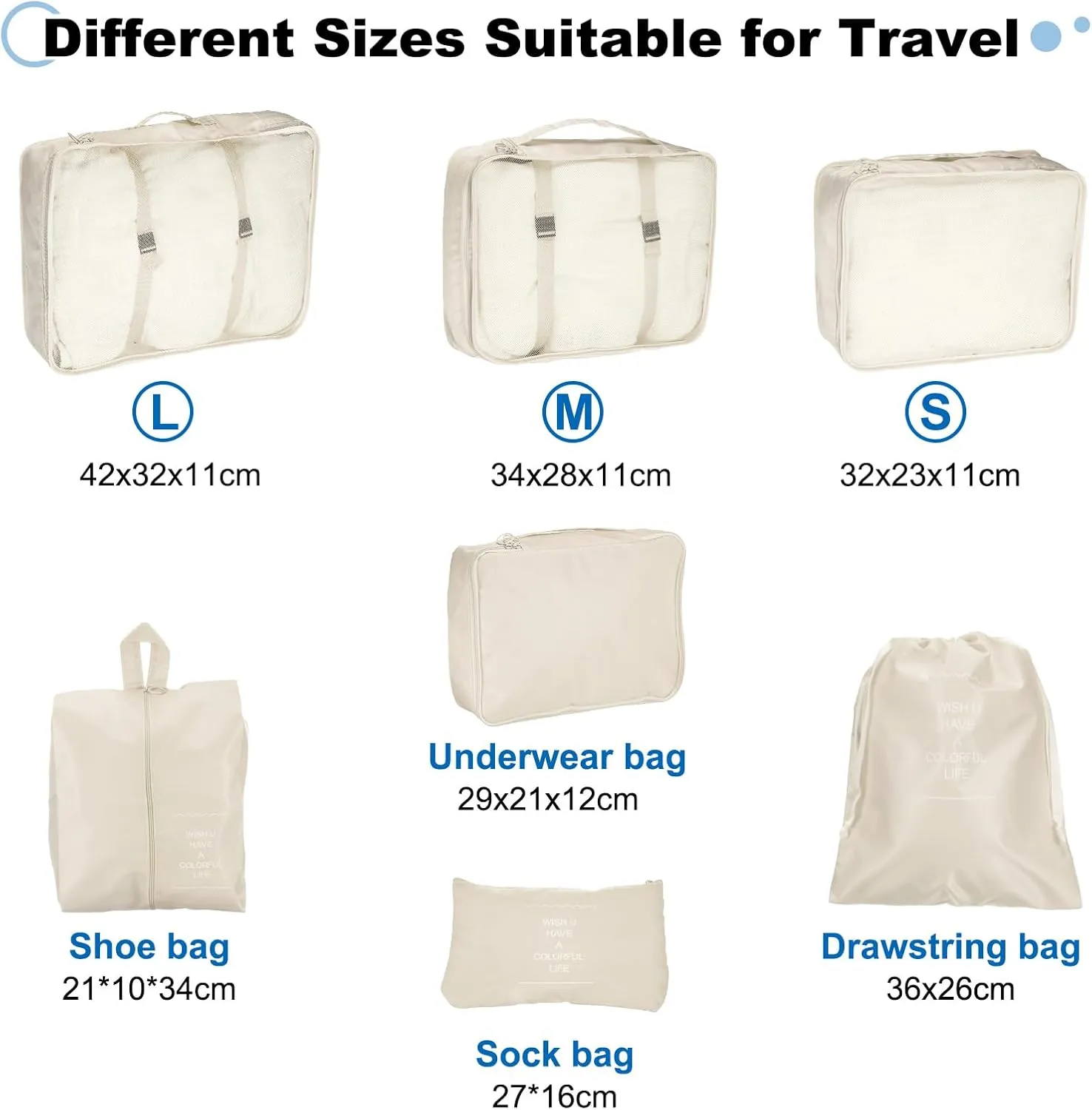 uxcell 7Set Travel Packing Cube, Travel Bags Organizer Luggage Organizer Bags Lightweight Compression Cube Travel Essentials with Shoe Bag for Outdoor Carry on Suitcases, Beige