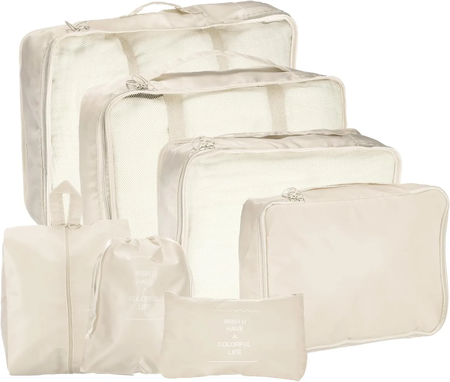 uxcell 7Set Travel Packing Cube, Travel Bags Organizer Luggage Organizer Bags Lightweight Compression Cube Travel Essentials with Shoe Bag for Outdoor Carry on Suitcases, Beige