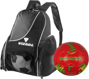 Vizari Solano Multi-Sport Backpack (Black) with National Team Soccer Ball Combo | Versatile Sports Backpack with Durable Faux Leather & Rubber Country Ball (Portugal, Size 5)