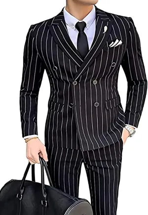 Wangyue Men's Pinstripe Suit Slim Fit 2 Pieces Double-Breasted Blazer Pant for Wedding Business