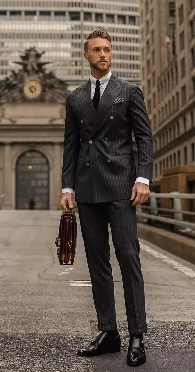 Wangyue Men's Pinstripe Suit Slim Fit 2 Pieces Double-Breasted Blazer Pant for Wedding Business