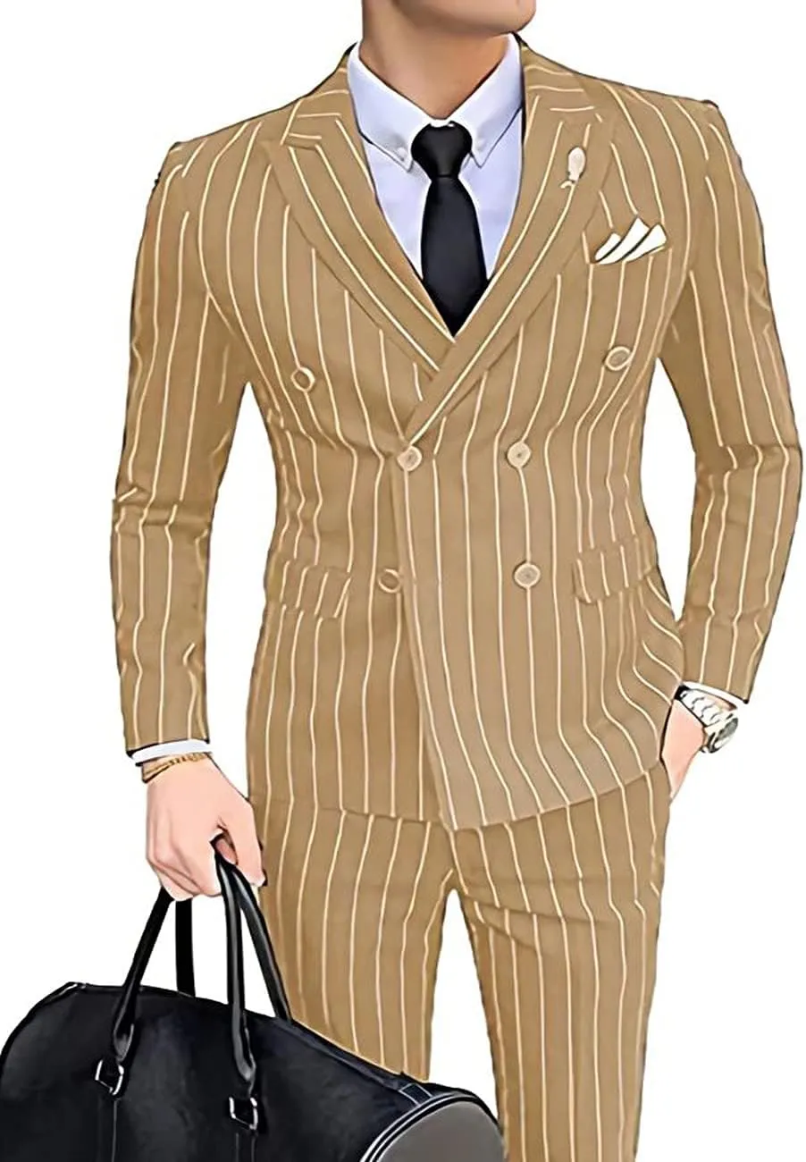 Wangyue Men's Pinstripe Suit Slim Fit 2 Pieces Double-Breasted Blazer Pant for Wedding Business