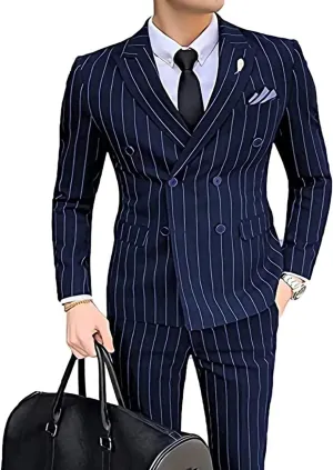 Wangyue Men's Pinstripe Suit Slim Fit 2 Pieces Double-Breasted Blazer Pant for Wedding Business