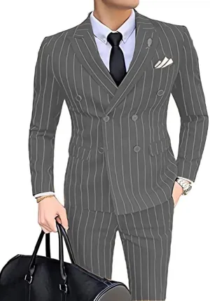 Wangyue Men's Pinstripe Suit Slim Fit 2 Pieces Double-Breasted Blazer Pant for Wedding Business