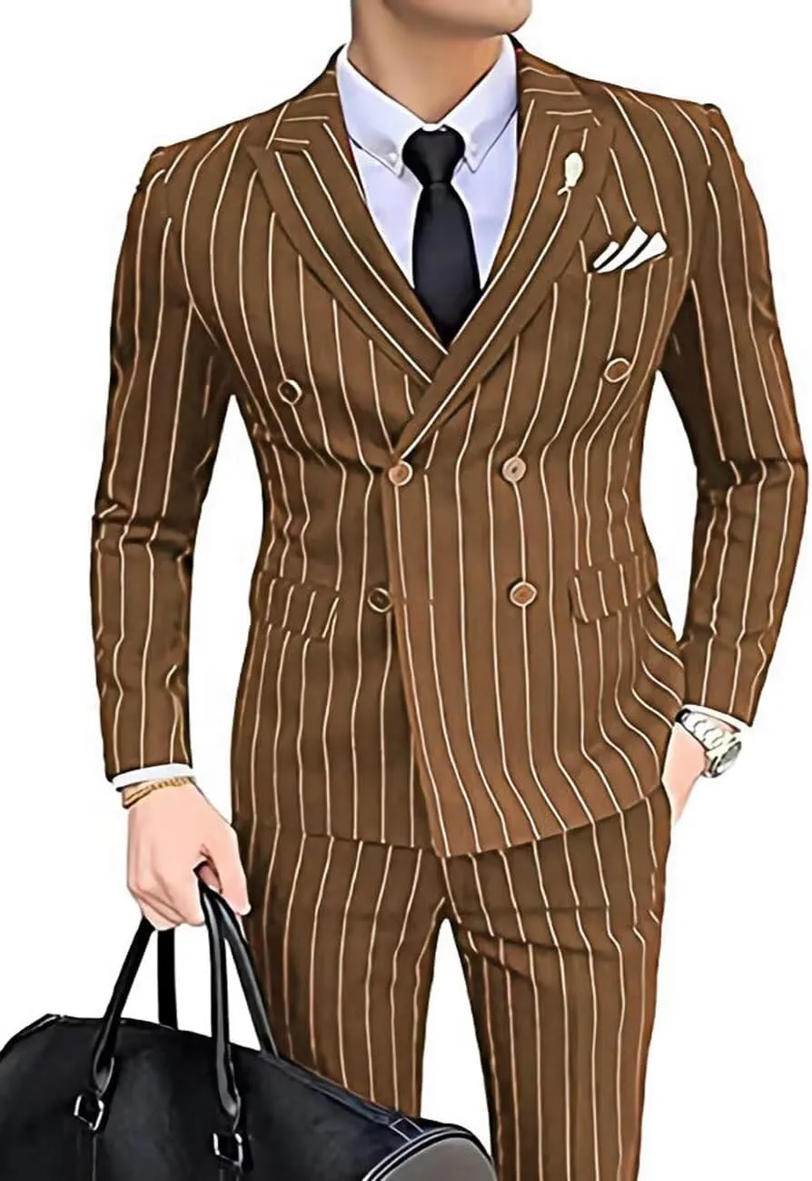Wangyue Men's Pinstripe Suit Slim Fit 2 Pieces Double-Breasted Blazer Pant for Wedding Business