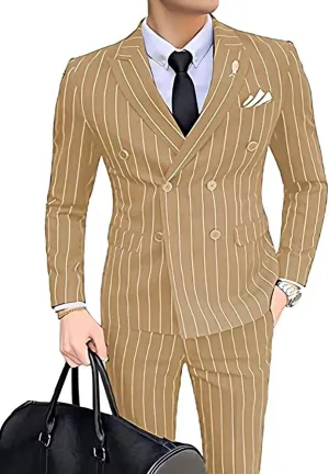 Wangyue Men's Pinstripe Suit Slim Fit 2 Pieces Double-Breasted Blazer Pant for Wedding Business
