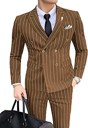 Wangyue Men's Pinstripe Suit Slim Fit 2 Pieces Double-Breasted Blazer Pant for Wedding Business