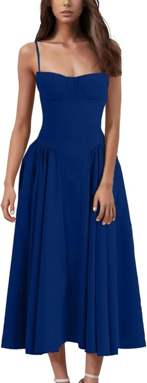 Wedding Guest Dresses for Women Elegant Spaghetti Strap Midi Dress Flowy Pleated Hem Low Cut Prom Dresses