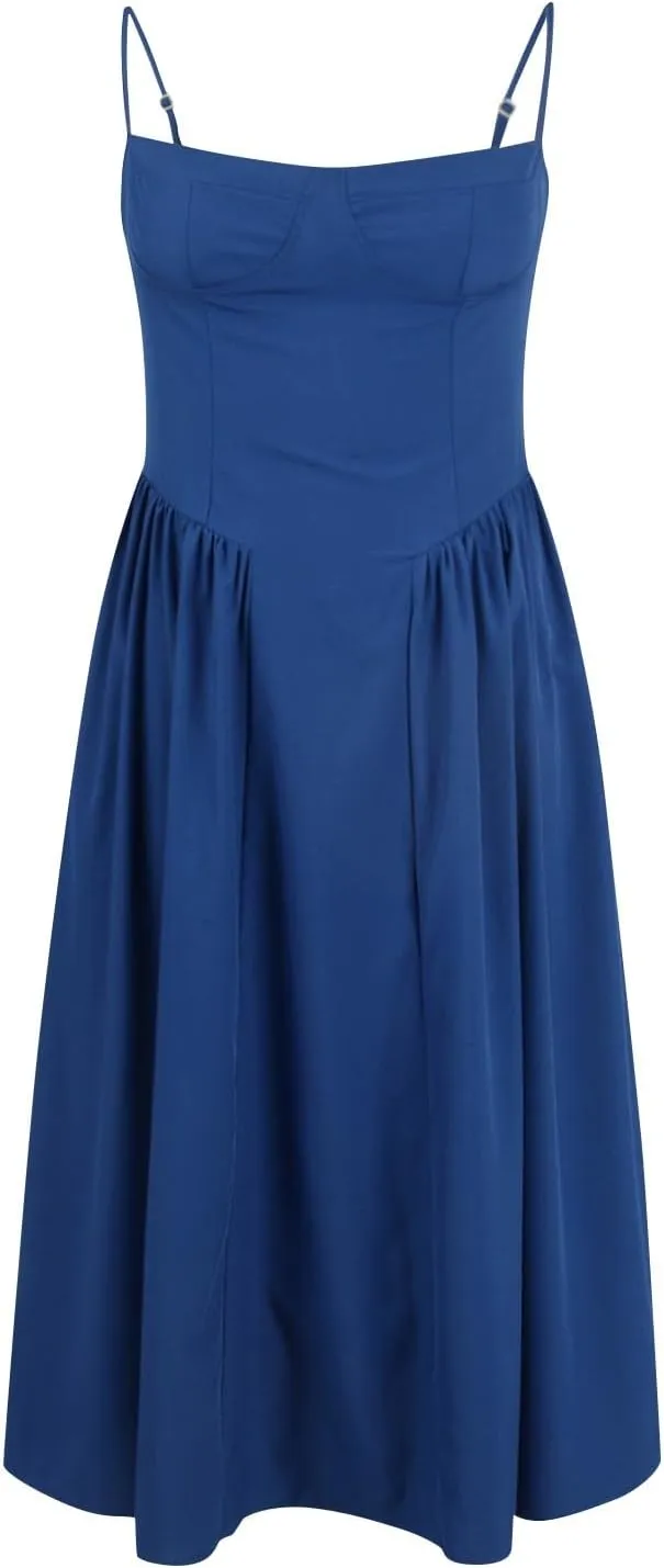 Wedding Guest Dresses for Women Elegant Spaghetti Strap Midi Dress Flowy Pleated Hem Low Cut Prom Dresses