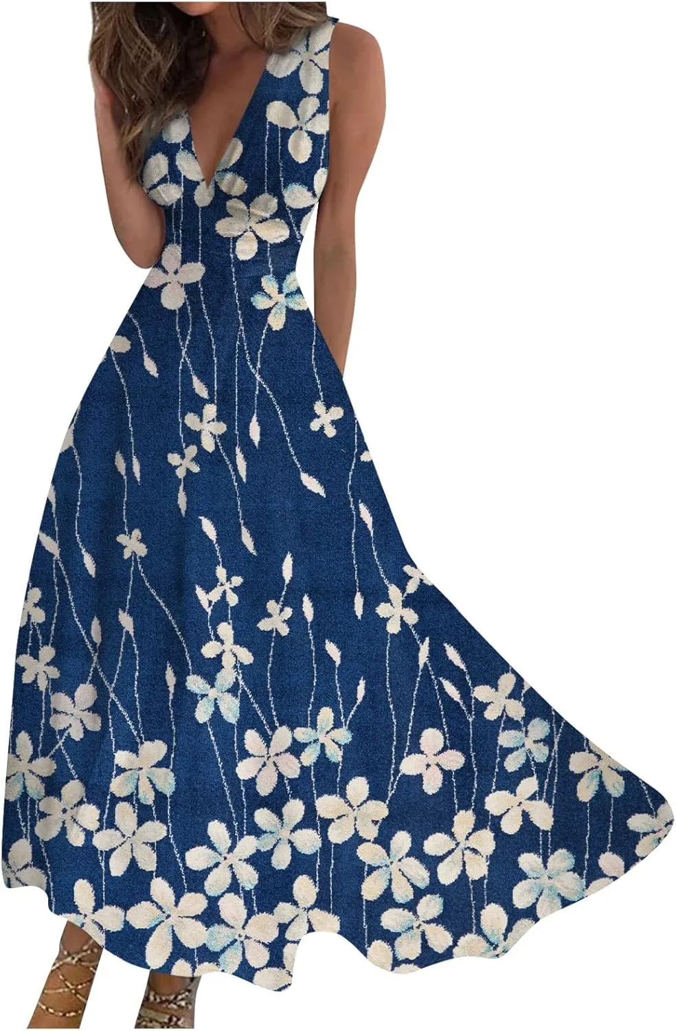 Wedding Guest Dresses for Women Wrap V Neck Sleeveless Marble Floral Printed Maxi Dress Flowy Swing Party Sundress