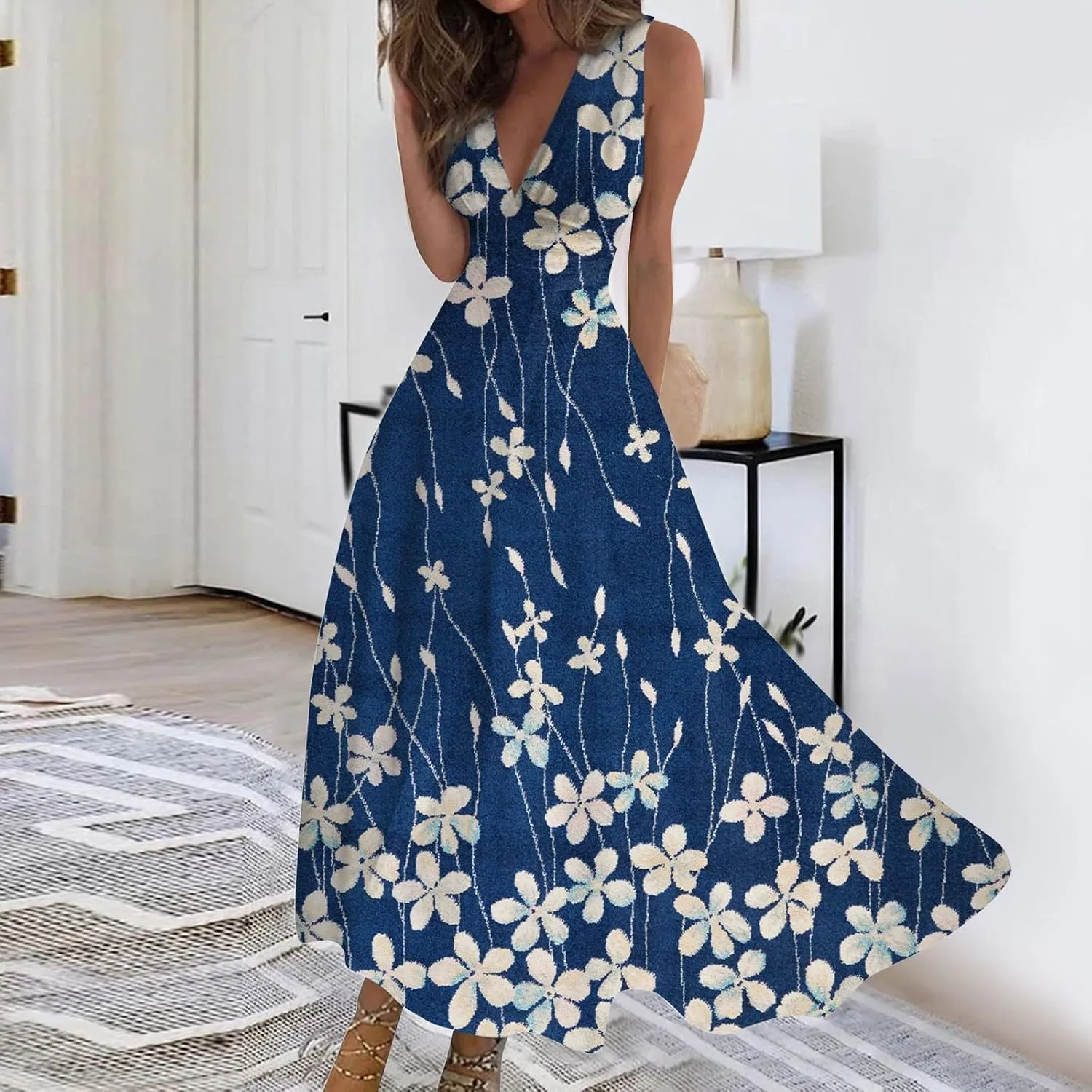 Wedding Guest Dresses for Women Wrap V Neck Sleeveless Marble Floral Printed Maxi Dress Flowy Swing Party Sundress