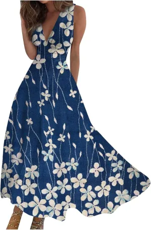 Wedding Guest Dresses for Women Wrap V Neck Sleeveless Marble Floral Printed Maxi Dress Flowy Swing Party Sundress