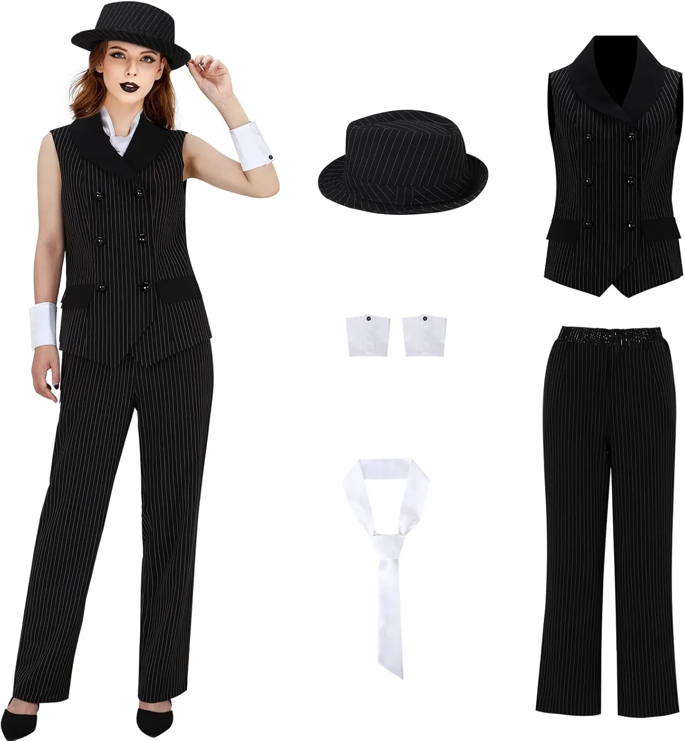 Women 1920s Gangster Costume Vest Pants Hat Pinstripe Suit Roaring 20s Mobster Halloween Cosplay Outfit