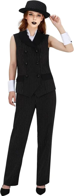 Women 1920s Gangster Costume Vest Pants Hat Pinstripe Suit Roaring 20s Mobster Halloween Cosplay Outfit