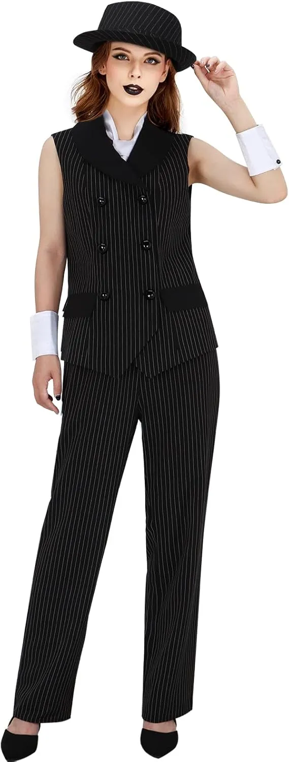 Women 1920s Gangster Costume Vest Pants Hat Pinstripe Suit Roaring 20s Mobster Halloween Cosplay Outfit