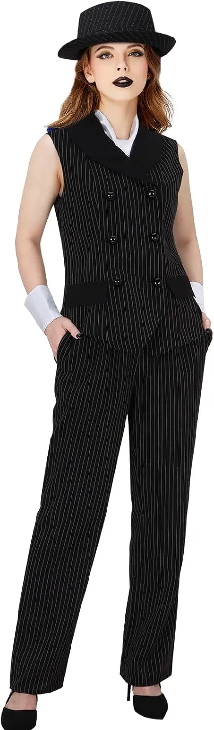Women 1920s Gangster Costume Vest Pants Hat Pinstripe Suit Roaring 20s Mobster Halloween Cosplay Outfit