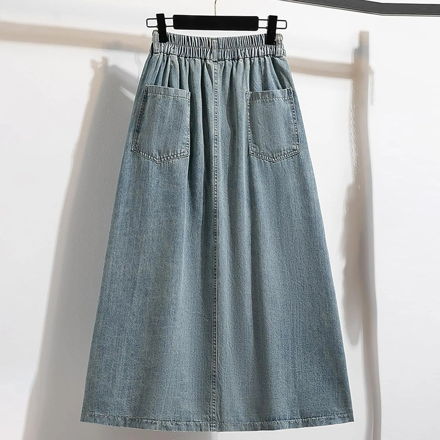 Women Vintage Denim Maxi Skirt Frayed Raw Hem High Waist A-Line Long Jean Skirt 2025 Summer Streetwear with Pockets