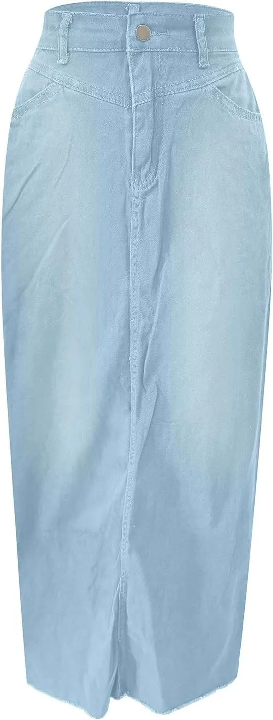 Women Vintage Denim Maxi Skirt Frayed Raw Hem High Waist A-Line Long Jean Skirt 2025 Summer Streetwear with Pockets