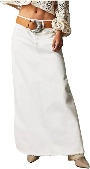 Women Vintage Denim Maxi Skirt Frayed Raw Hem High Waist A-Line Long Jean Skirt 2025 Summer Streetwear with Pockets