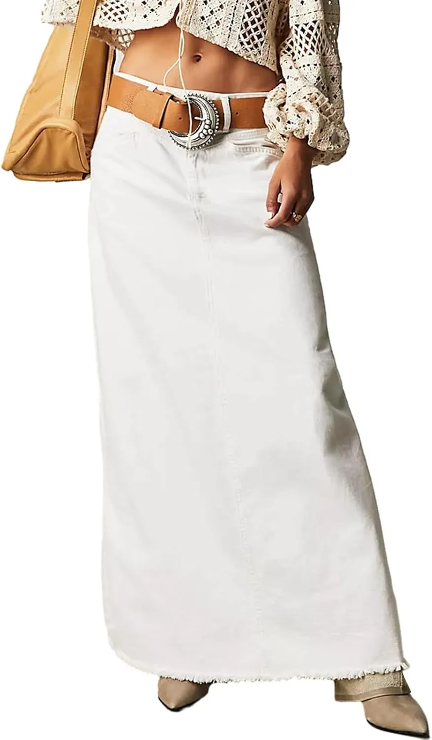 Women Vintage Denim Maxi Skirt Frayed Raw Hem High Waist A-Line Long Jean Skirt 2025 Summer Streetwear with Pockets