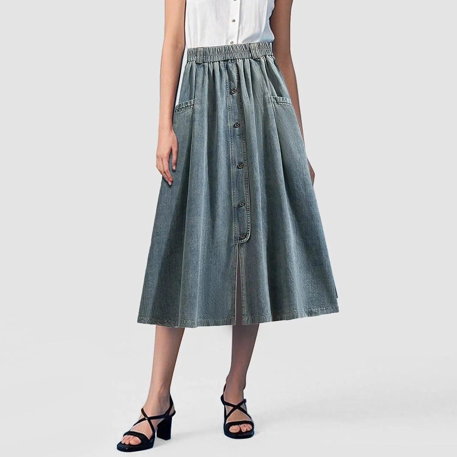 Women Vintage Denim Maxi Skirt Frayed Raw Hem High Waist A-Line Long Jean Skirt 2025 Summer Streetwear with Pockets
