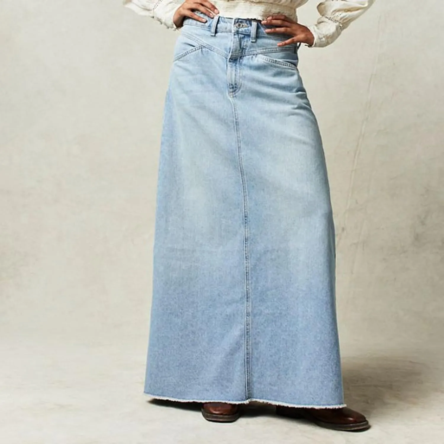 Women Vintage Denim Maxi Skirt Frayed Raw Hem High Waist A-Line Long Jean Skirt 2025 Summer Streetwear with Pockets