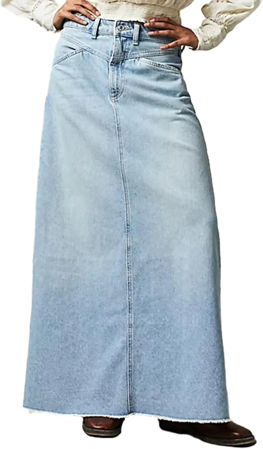 Women Vintage Denim Maxi Skirt Frayed Raw Hem High Waist A-Line Long Jean Skirt 2025 Summer Streetwear with Pockets