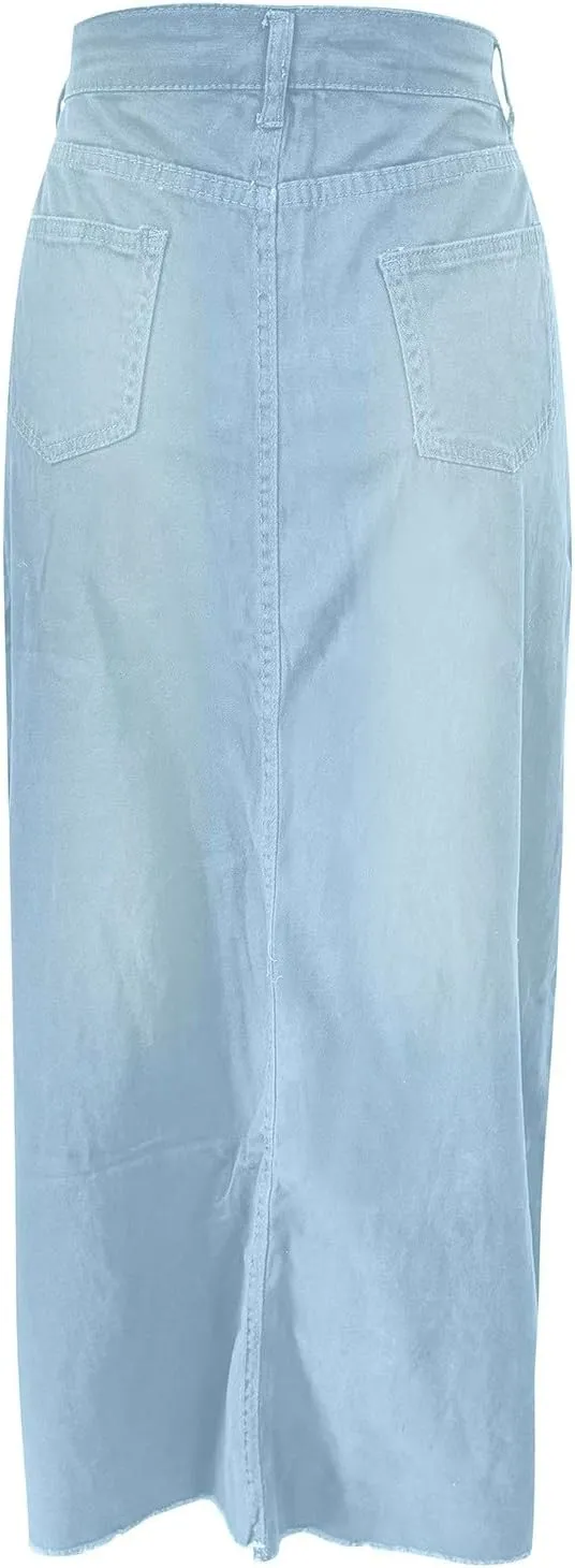 Women Vintage Denim Maxi Skirt Frayed Raw Hem High Waist A-Line Long Jean Skirt 2025 Summer Streetwear with Pockets