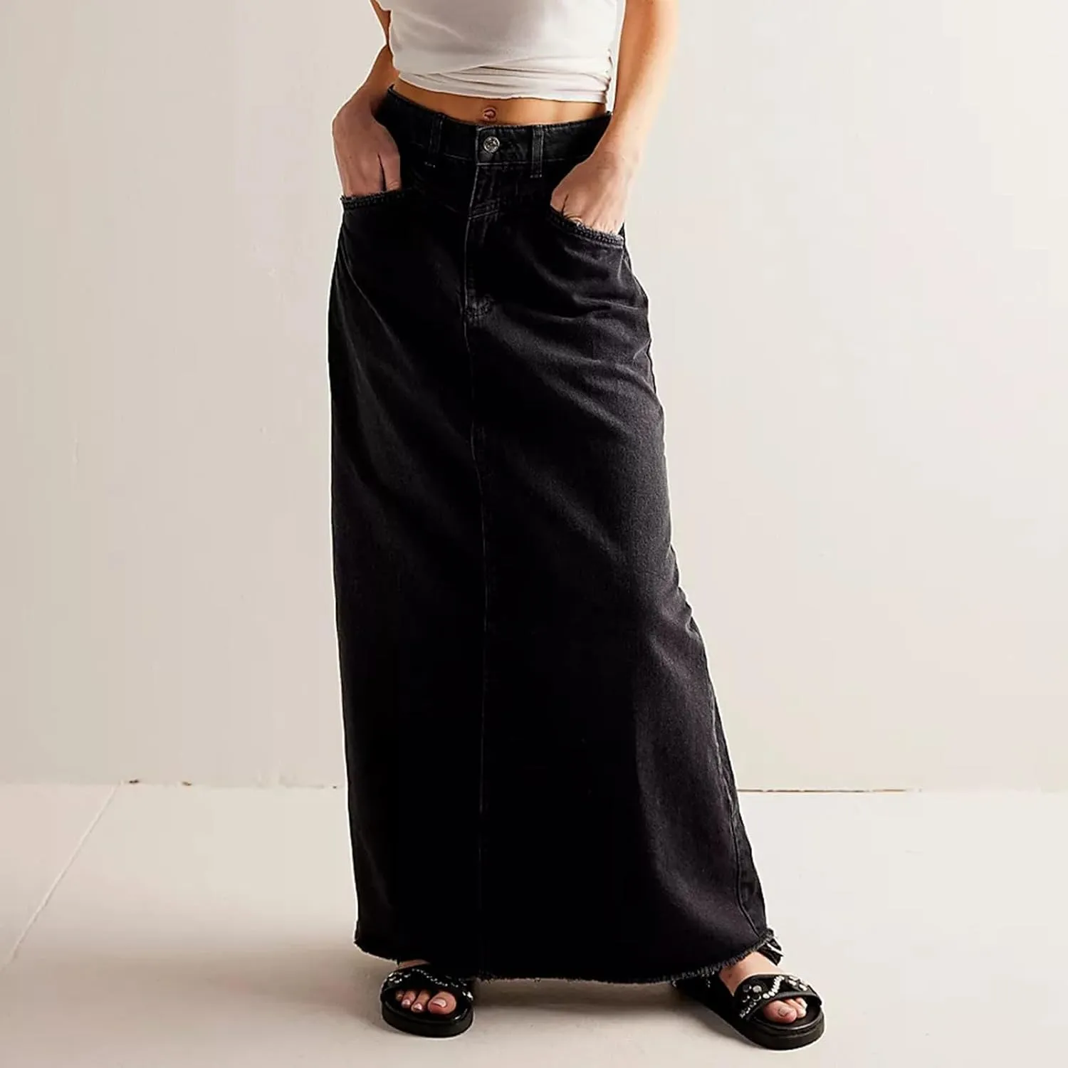 Women Vintage Denim Maxi Skirt Frayed Raw Hem High Waist A-Line Long Jean Skirt 2025 Summer Streetwear with Pockets
