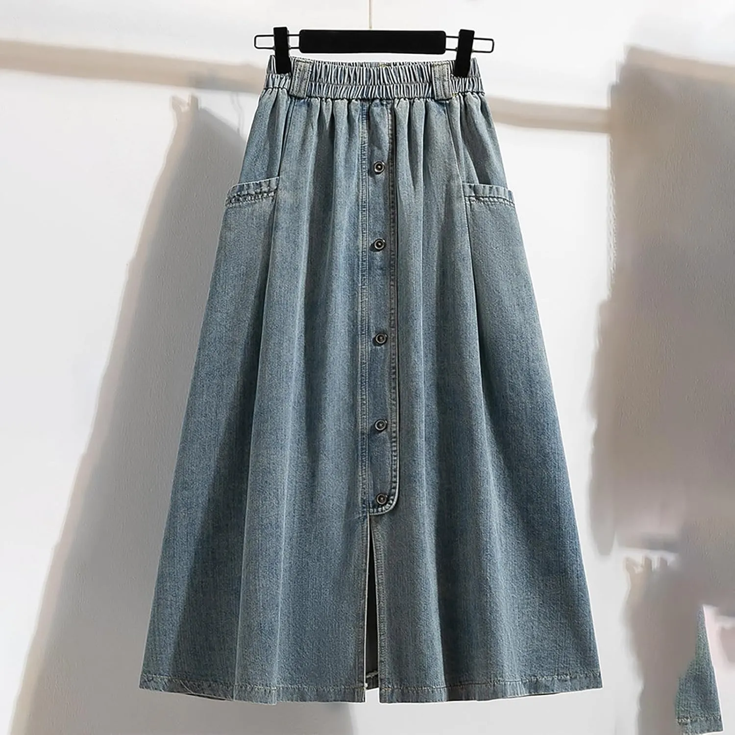 Women Vintage Denim Maxi Skirt Frayed Raw Hem High Waist A-Line Long Jean Skirt 2025 Summer Streetwear with Pockets