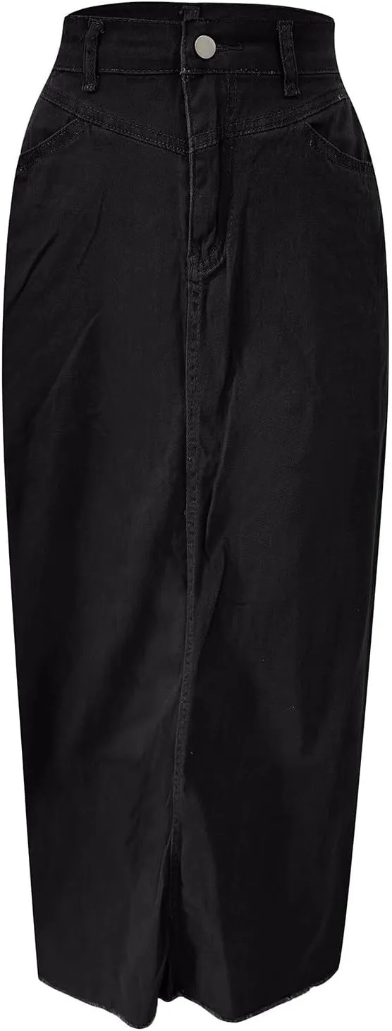 Women Vintage Denim Maxi Skirt Frayed Raw Hem High Waist A-Line Long Jean Skirt 2025 Summer Streetwear with Pockets