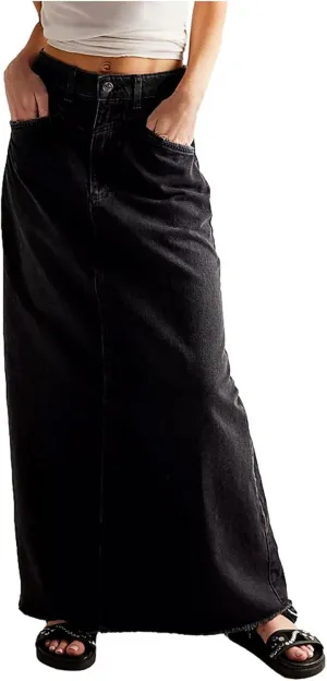 Women Vintage Denim Maxi Skirt Frayed Raw Hem High Waist A-Line Long Jean Skirt 2025 Summer Streetwear with Pockets